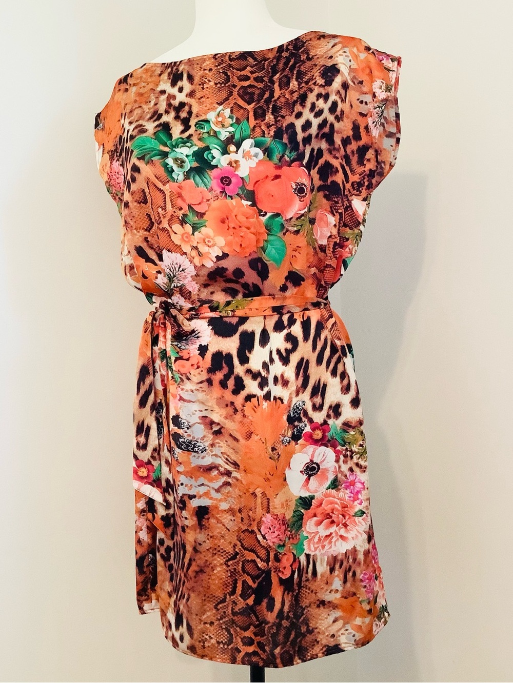 Michelle Belau Orange Leopard Print Floral Mini Dress Detachable Belt Sz. S, EUC